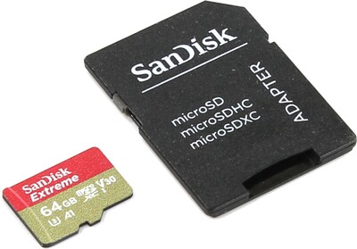 Карта памяти SanDisk Extreme microSDXC Class 10 UHS Class 3 V30 A1 100MB/s 64GB + SD adapter SDSQXAF-064G-GN6MA